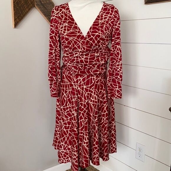 BCBGMaxAzria | Burnt Orange Giraffe Pattern Print Faux Wrap Ruched Dress | M - Picture 1 of 10